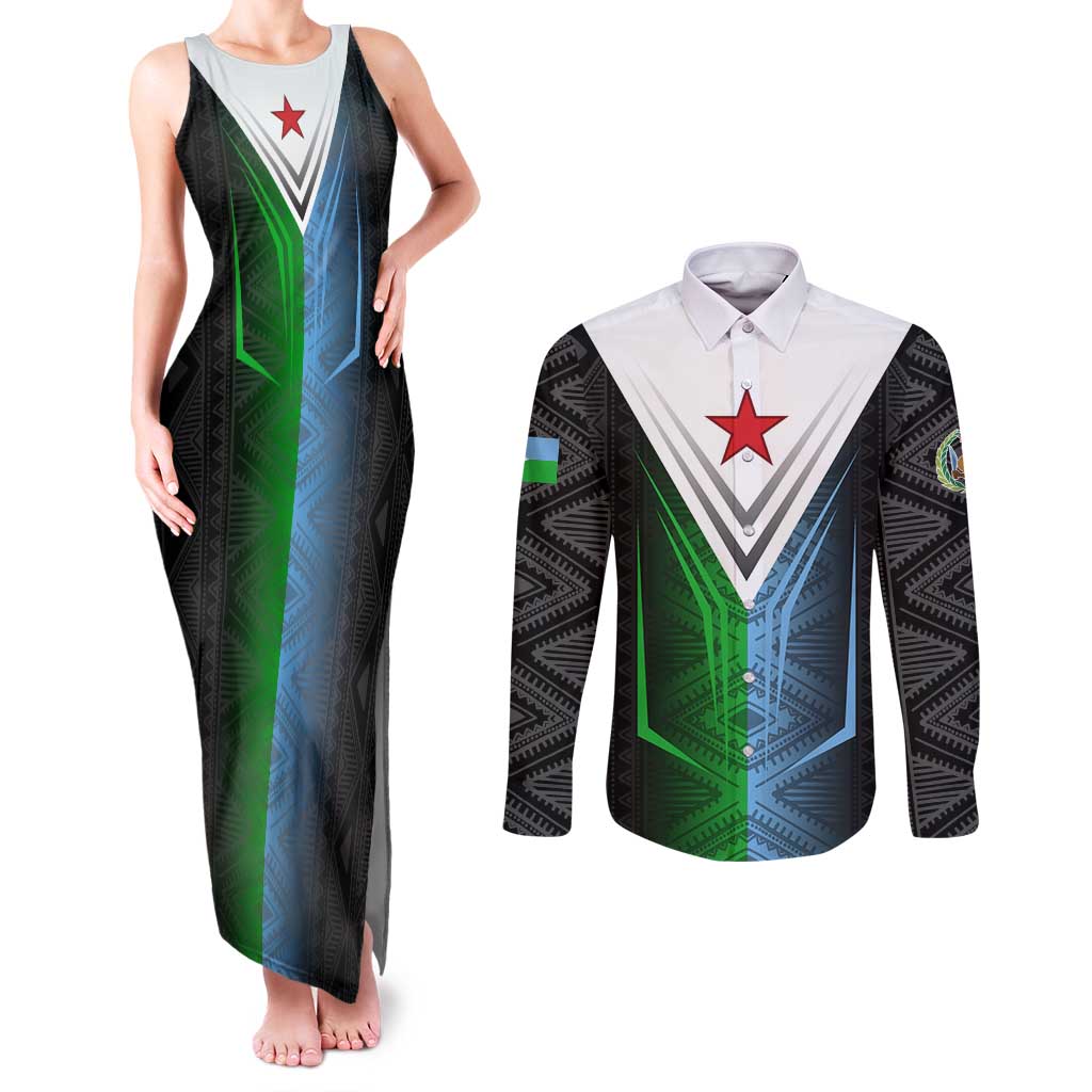 Djibouti Fusion Couples Matching Tank Maxi Dress and Long Sleeve Button Shirt Tribal Geometry Meets National Colors and Red Star Boldness