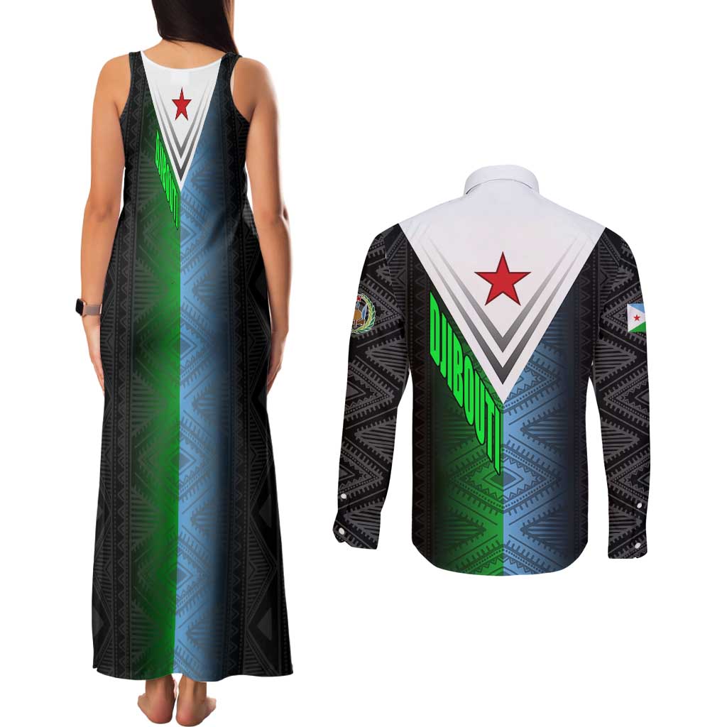 Djibouti Fusion Couples Matching Tank Maxi Dress and Long Sleeve Button Shirt Tribal Geometry Meets National Colors and Red Star Boldness