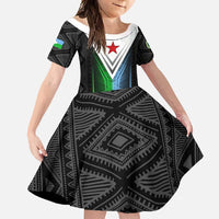 Djibouti Fusion Family Matching Long Sleeve Bodycon Dress and Hawaiian Shirt Tribal Geometry Meets National Colors and Red Star Boldness