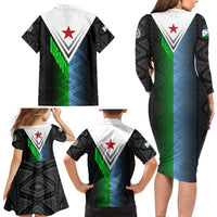 Djibouti Fusion Family Matching Long Sleeve Bodycon Dress and Hawaiian Shirt Tribal Geometry Meets National Colors and Red Star Boldness