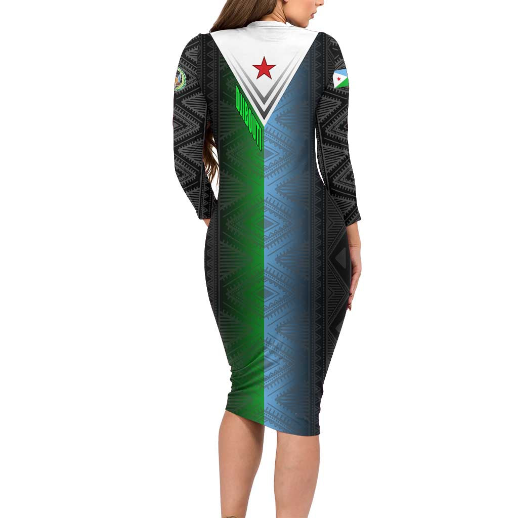 Djibouti Fusion Family Matching Long Sleeve Bodycon Dress and Hawaiian Shirt Tribal Geometry Meets National Colors and Red Star Boldness