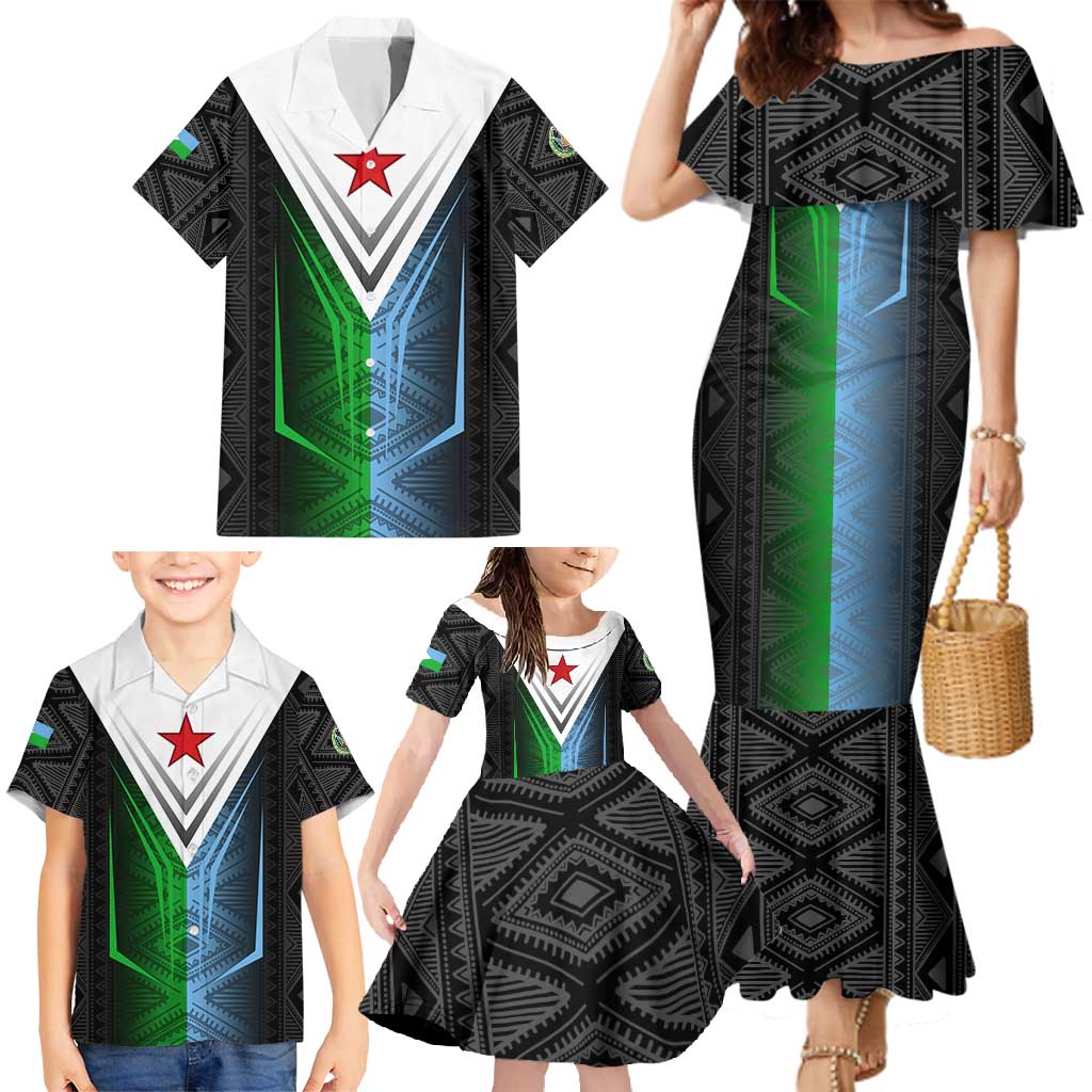 Djibouti Fusion Family Matching Mermaid Dress and Hawaiian Shirt Tribal Geometry Meets National Colors and Red Star Boldness