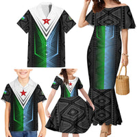 Djibouti Fusion Family Matching Mermaid Dress and Hawaiian Shirt Tribal Geometry Meets National Colors and Red Star Boldness