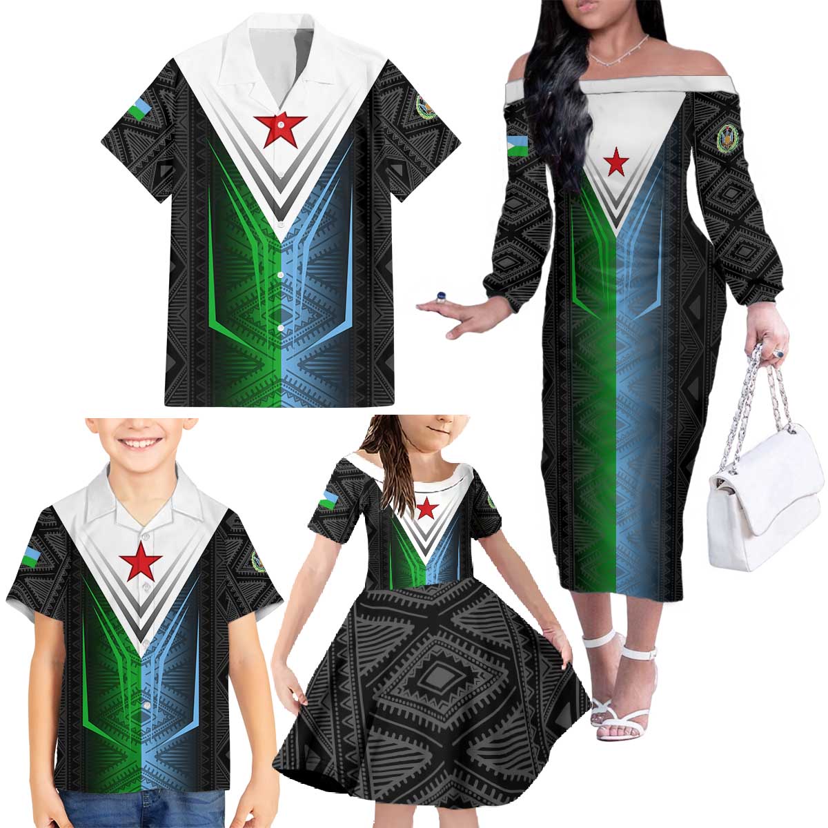 Djibouti Fusion Family Matching Off The Shoulder Long Sleeve Dress and Hawaiian Shirt Tribal Geometry Meets National Colors and Red Star Boldness