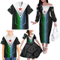 Djibouti Fusion Family Matching Off The Shoulder Long Sleeve Dress and Hawaiian Shirt Tribal Geometry Meets National Colors and Red Star Boldness