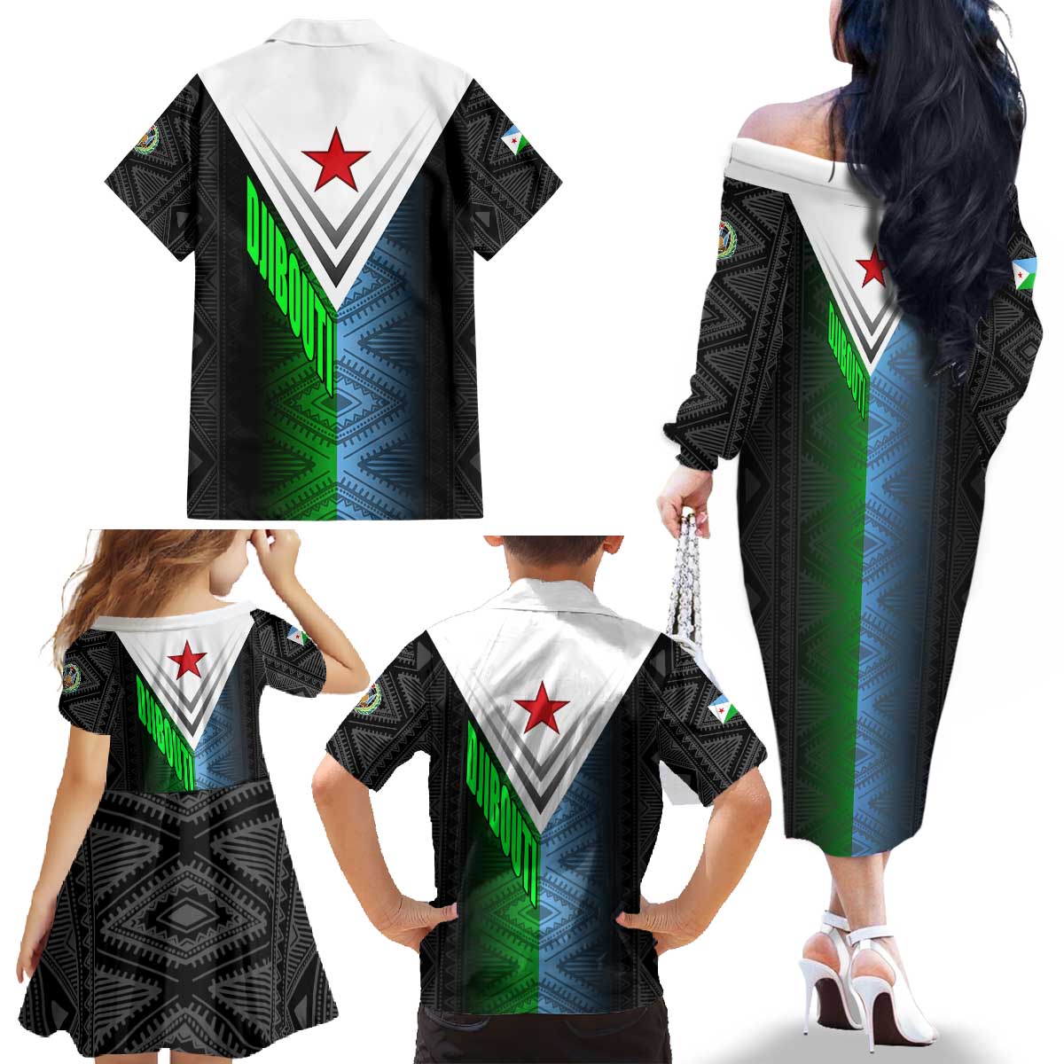 Djibouti Fusion Family Matching Off The Shoulder Long Sleeve Dress and Hawaiian Shirt Tribal Geometry Meets National Colors and Red Star Boldness