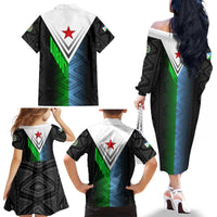 Djibouti Fusion Family Matching Off The Shoulder Long Sleeve Dress and Hawaiian Shirt Tribal Geometry Meets National Colors and Red Star Boldness