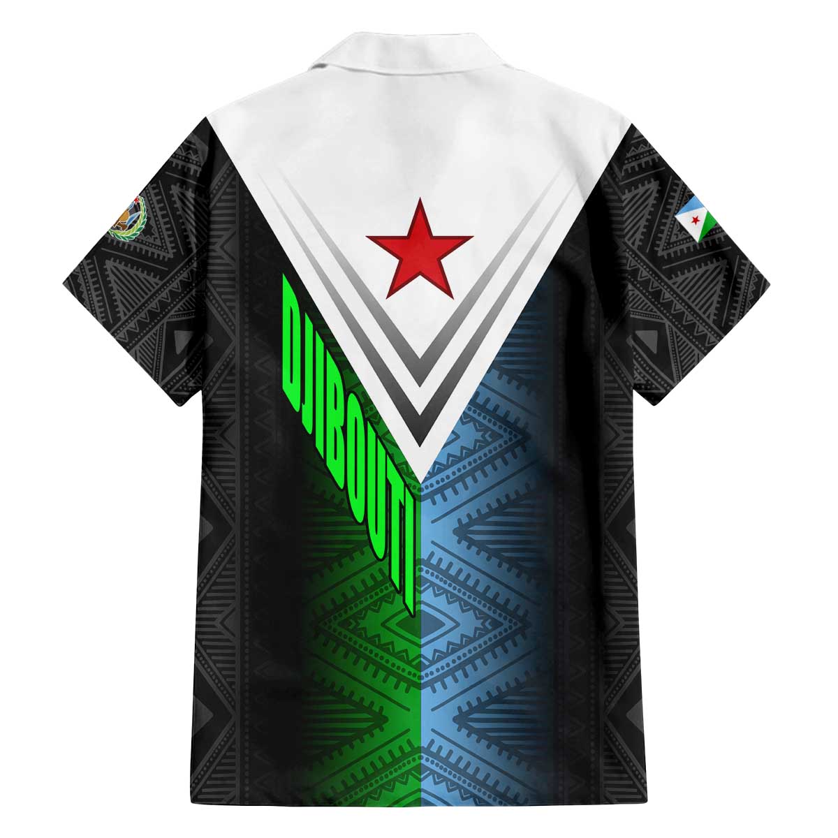 Djibouti Fusion Family Matching Off The Shoulder Long Sleeve Dress and Hawaiian Shirt Tribal Geometry Meets National Colors and Red Star Boldness