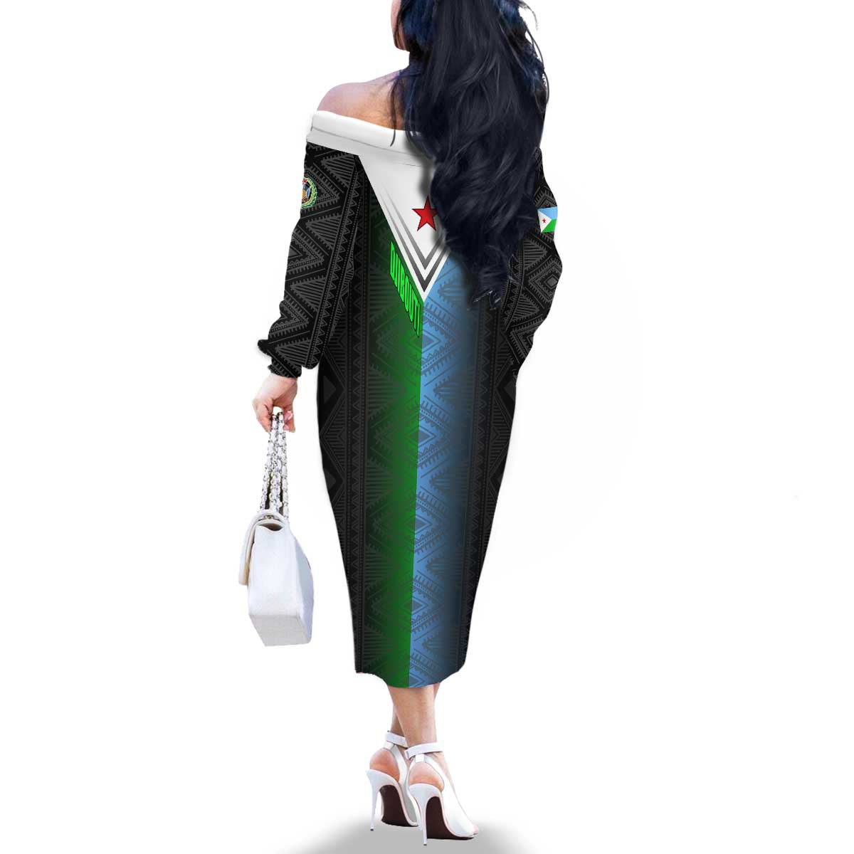 Djibouti Fusion Family Matching Off The Shoulder Long Sleeve Dress and Hawaiian Shirt Tribal Geometry Meets National Colors and Red Star Boldness