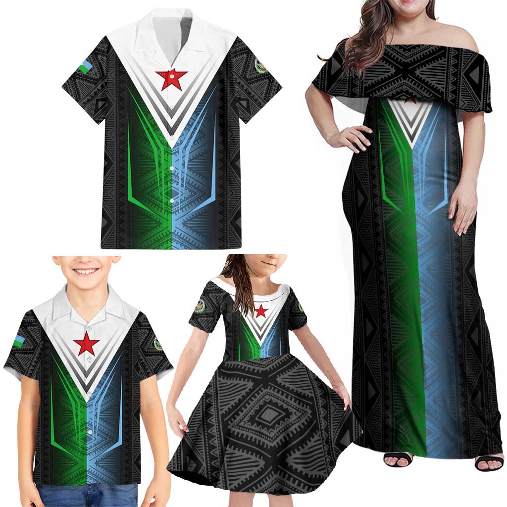 Djibouti Fusion Family Matching Off Shoulder Maxi Dress and Hawaiian Shirt Tribal Geometry Meets National Colors and Red Star Boldness