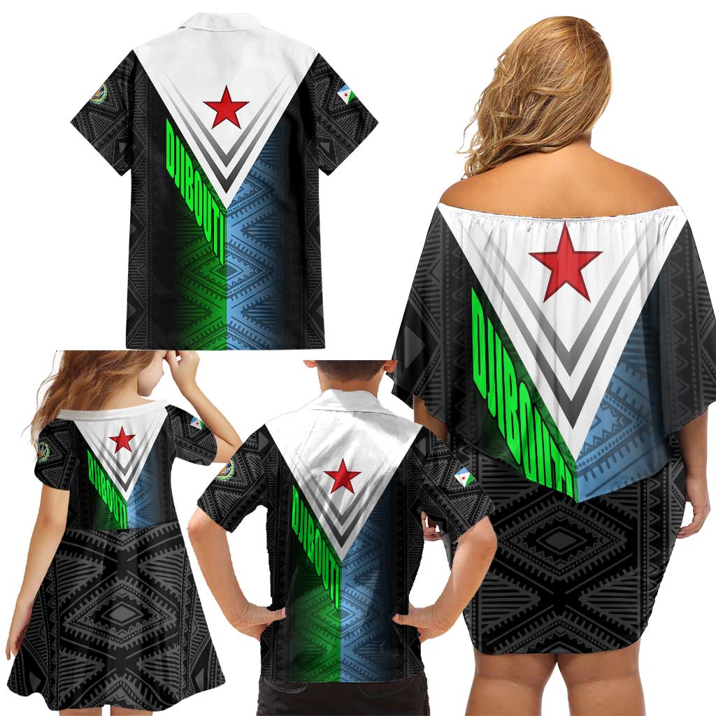 Djibouti Fusion Family Matching Off Shoulder Short Dress and Hawaiian Shirt Tribal Geometry Meets National Colors and Red Star Boldness