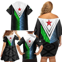 Djibouti Fusion Family Matching Off Shoulder Short Dress and Hawaiian Shirt Tribal Geometry Meets National Colors and Red Star Boldness