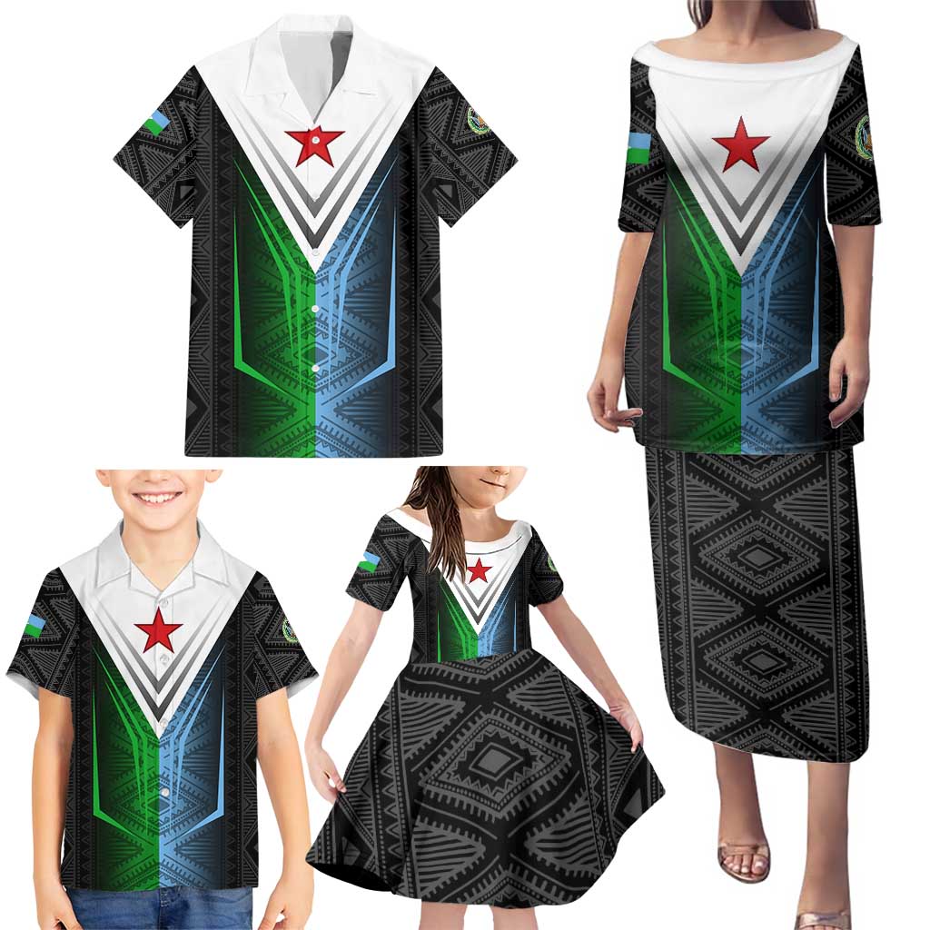 Djibouti Fusion Family Matching Puletasi and Hawaiian Shirt Tribal Geometry Meets National Colors and Red Star Boldness
