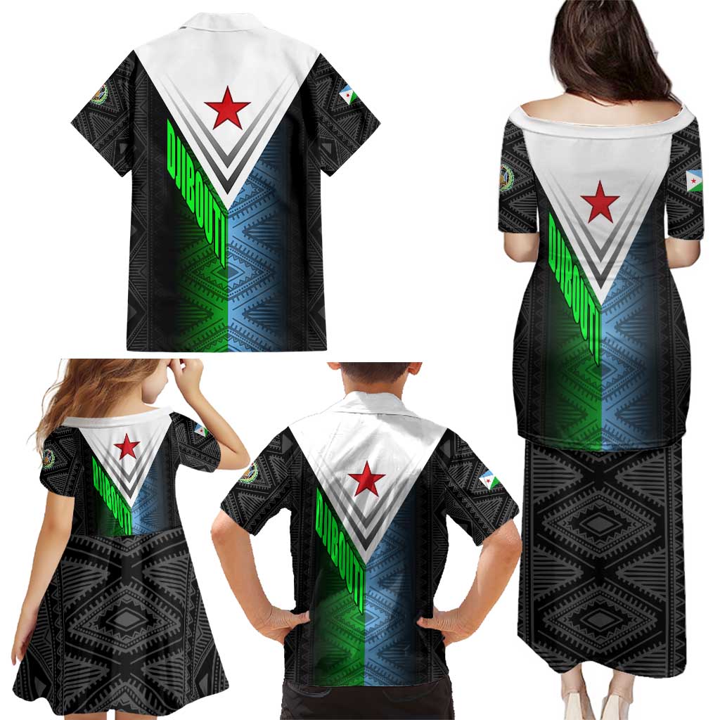 Djibouti Fusion Family Matching Puletasi and Hawaiian Shirt Tribal Geometry Meets National Colors and Red Star Boldness