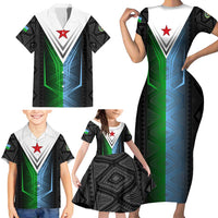 Djibouti Fusion Family Matching Short Sleeve Bodycon Dress and Hawaiian Shirt Tribal Geometry Meets National Colors and Red Star Boldness
