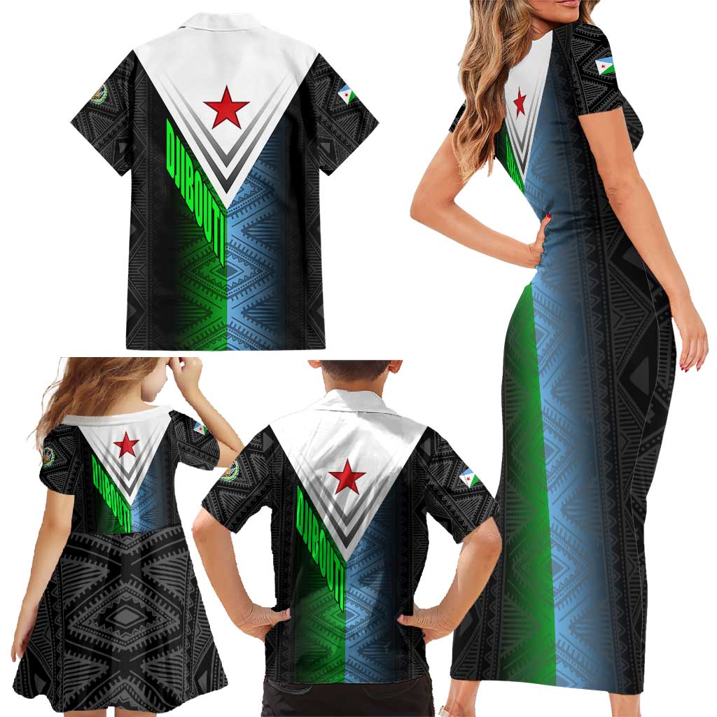 Djibouti Fusion Family Matching Short Sleeve Bodycon Dress and Hawaiian Shirt Tribal Geometry Meets National Colors and Red Star Boldness
