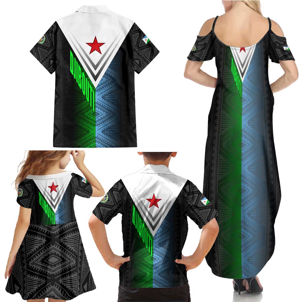 Djibouti Fusion Family Matching Summer Maxi Dress and Hawaiian Shirt Tribal Geometry Meets National Colors and Red Star Boldness