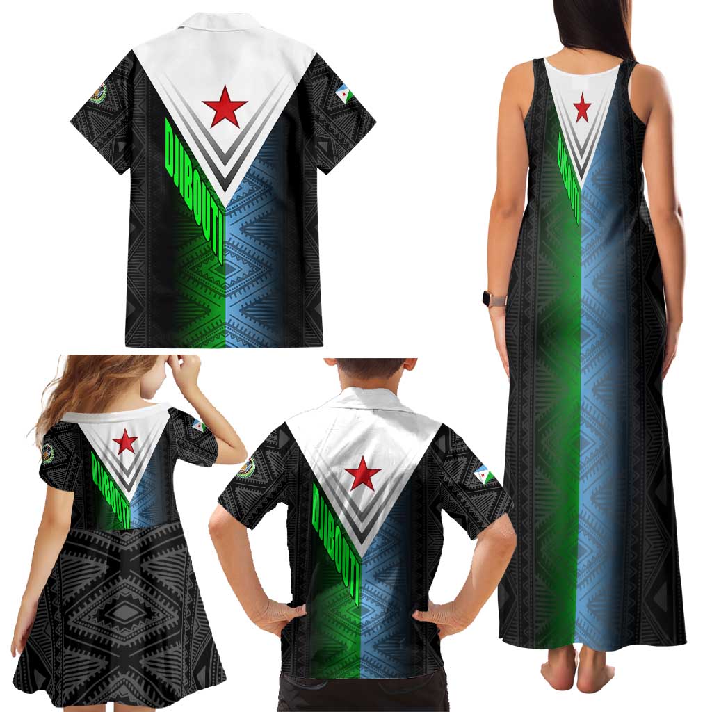Djibouti Fusion Family Matching Tank Maxi Dress and Hawaiian Shirt Tribal Geometry Meets National Colors and Red Star Boldness