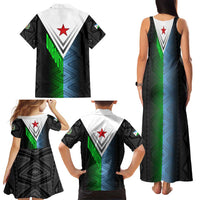 Djibouti Fusion Family Matching Tank Maxi Dress and Hawaiian Shirt Tribal Geometry Meets National Colors and Red Star Boldness