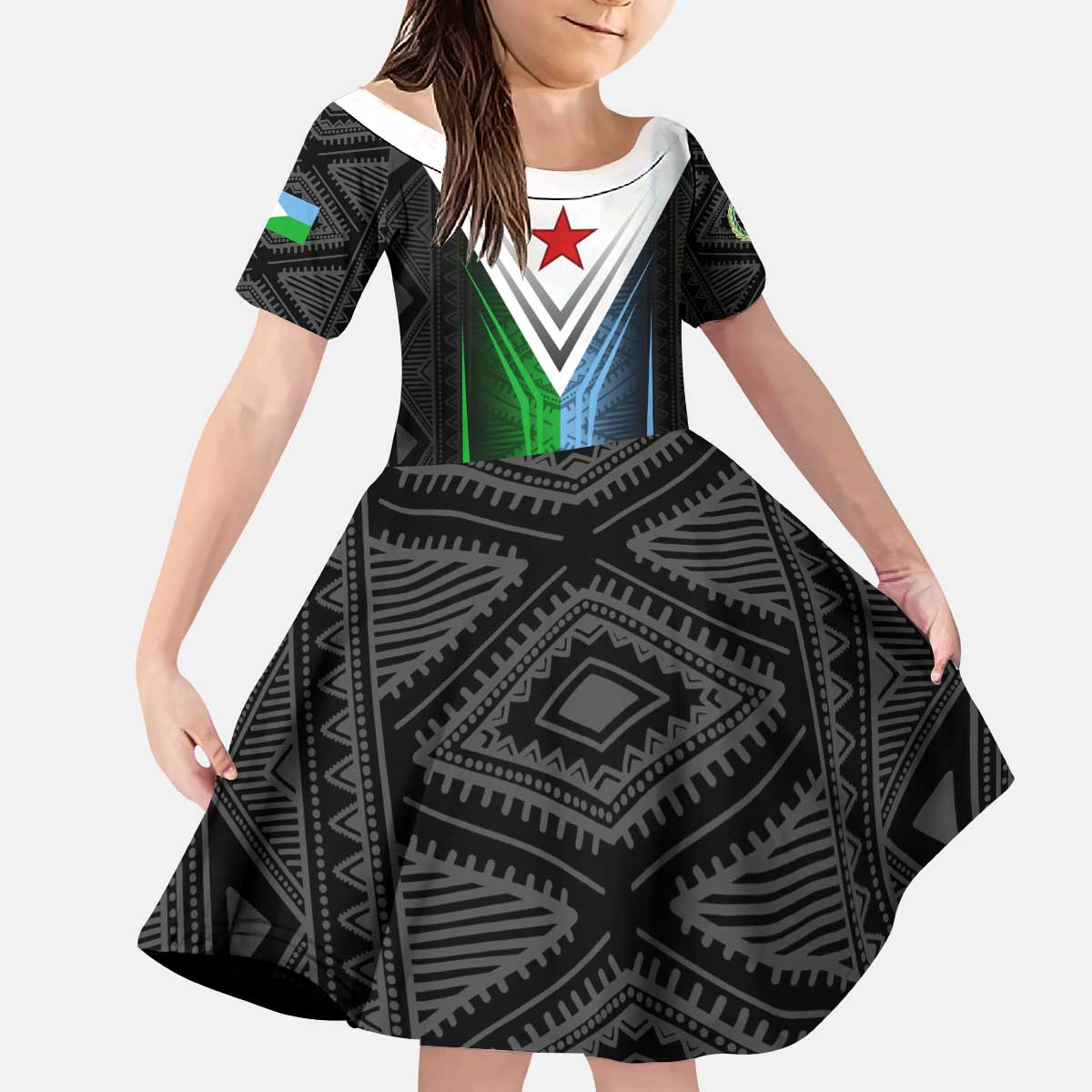 Djibouti Fusion Kid Short Sleeve Dress Tribal Geometry Meets National Colors and Red Star Boldness