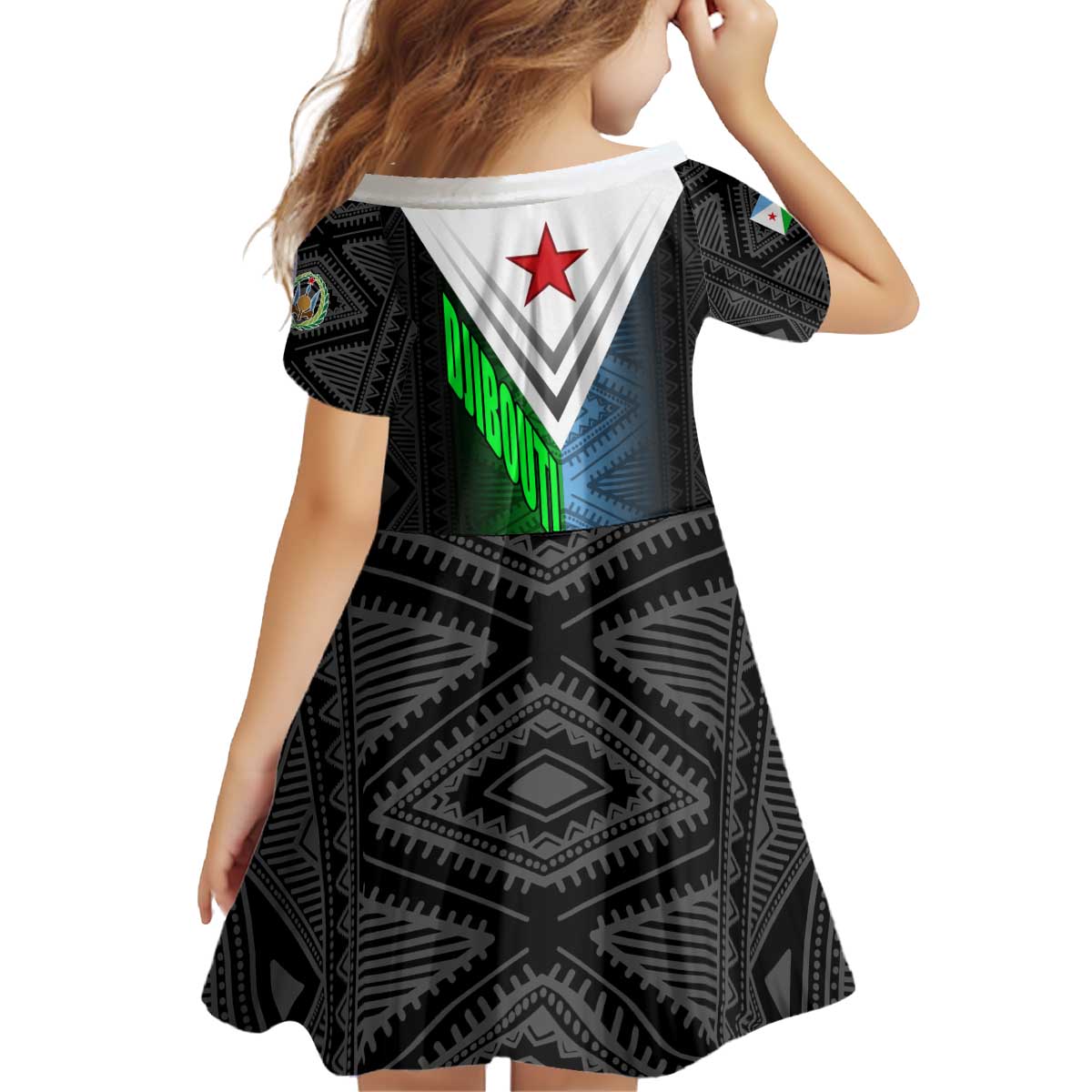 Djibouti Fusion Kid Short Sleeve Dress Tribal Geometry Meets National Colors and Red Star Boldness