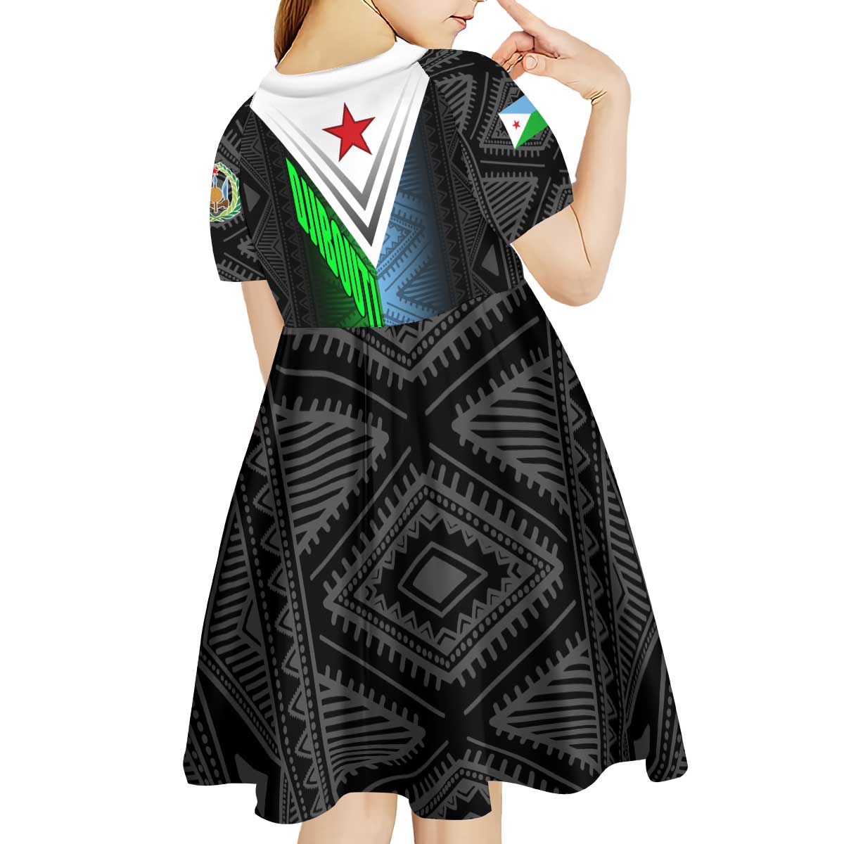 Djibouti Fusion Kid Short Sleeve Dress Tribal Geometry Meets National Colors and Red Star Boldness
