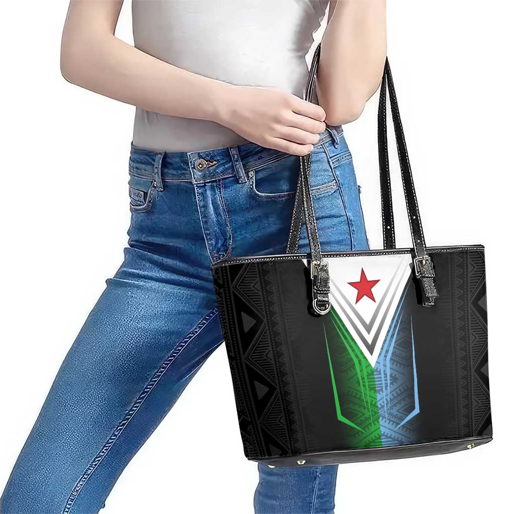 Djibouti Fusion Leather Tote Bag Tribal Geometry Meets National Colors and Red Star Boldness