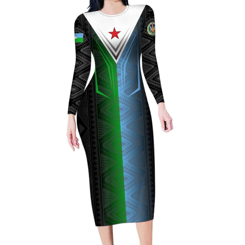 Djibouti Fusion Long Sleeve Bodycon Dress Tribal Geometry Meets National Colors and Red Star Boldness