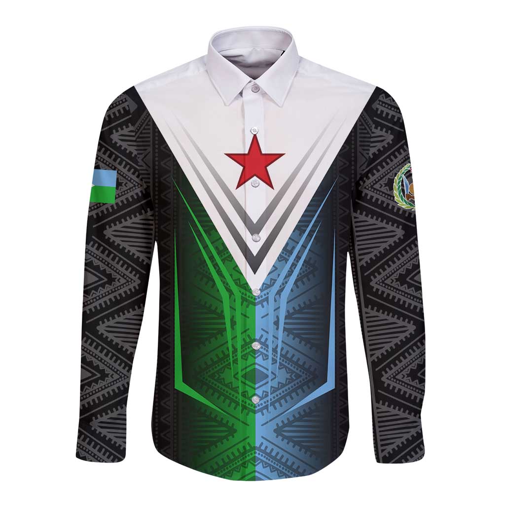 Djibouti Fusion Long Sleeve Button Shirt Tribal Geometry Meets National Colors and Red Star Boldness