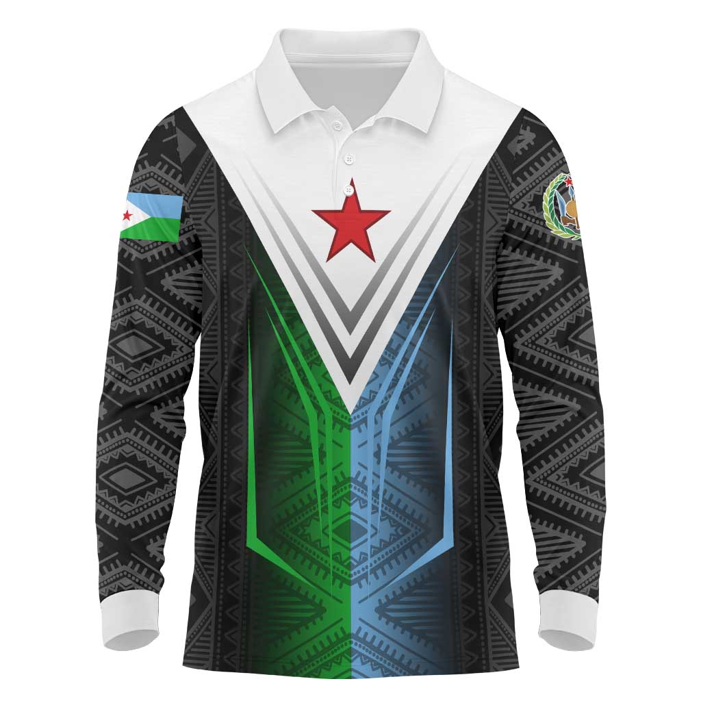 Djibouti Fusion Long Sleeve Polo Shirt Tribal Geometry Meets National Colors and Red Star Boldness