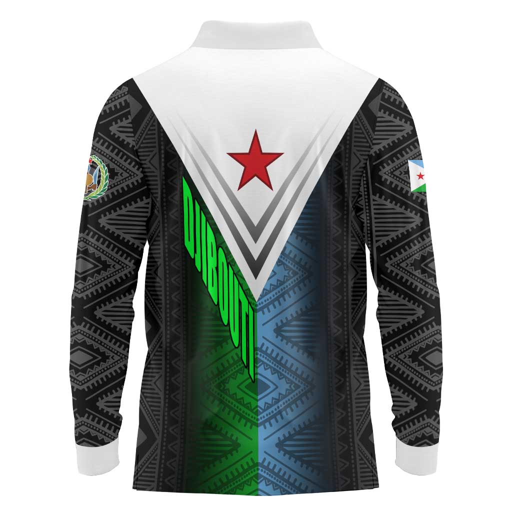 Djibouti Fusion Long Sleeve Polo Shirt Tribal Geometry Meets National Colors and Red Star Boldness
