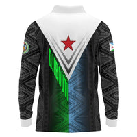 Djibouti Fusion Long Sleeve Polo Shirt Tribal Geometry Meets National Colors and Red Star Boldness