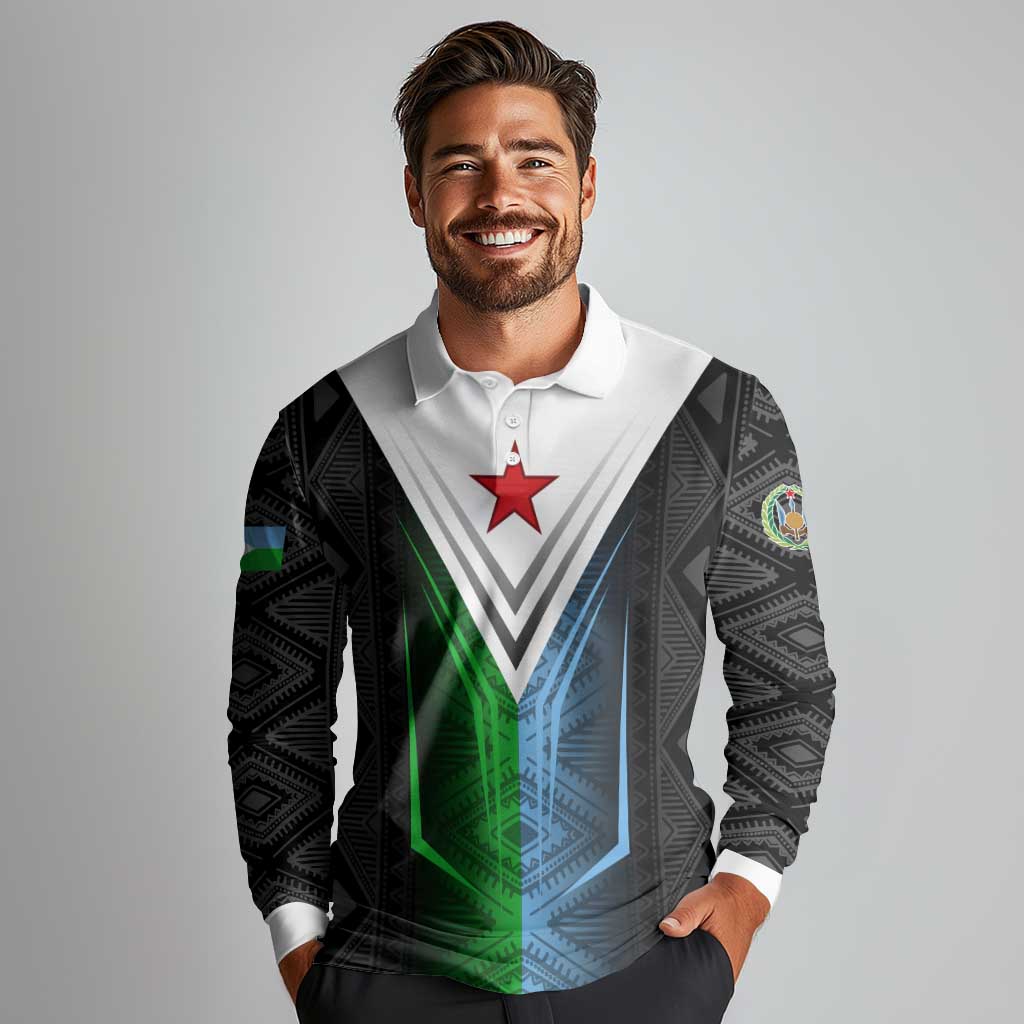 Djibouti Fusion Long Sleeve Polo Shirt Tribal Geometry Meets National Colors and Red Star Boldness