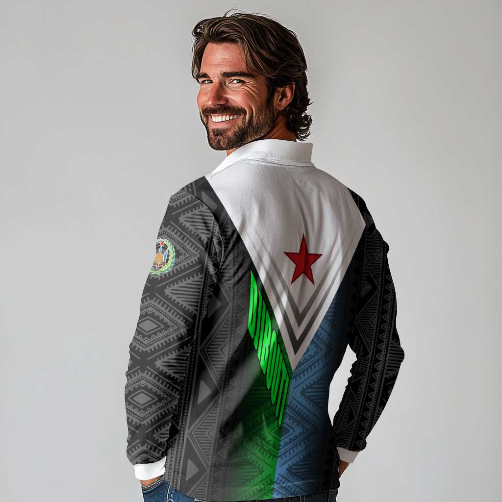 Djibouti Fusion Long Sleeve Polo Shirt Tribal Geometry Meets National Colors and Red Star Boldness
