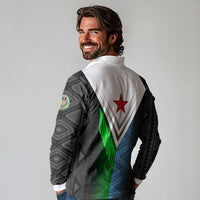 Djibouti Fusion Long Sleeve Polo Shirt Tribal Geometry Meets National Colors and Red Star Boldness