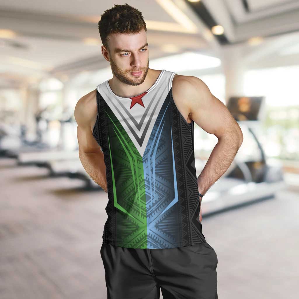 Djibouti Fusion Men Tank Top Tribal Geometry Meets National Colors and Red Star Boldness