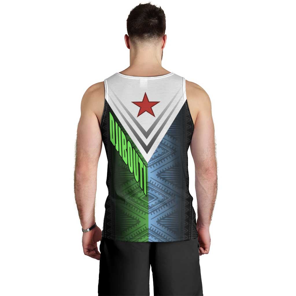 Djibouti Fusion Men Tank Top Tribal Geometry Meets National Colors and Red Star Boldness