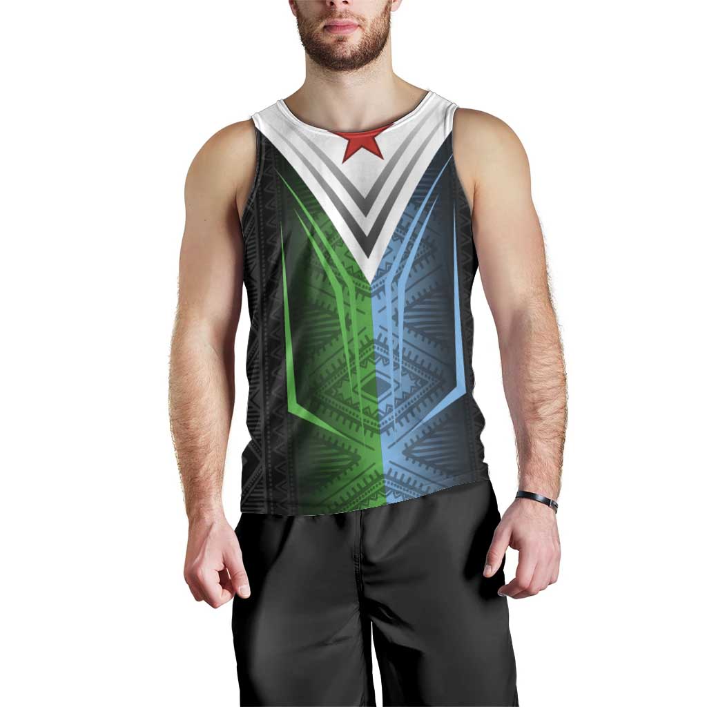 Djibouti Fusion Men Tank Top Tribal Geometry Meets National Colors and Red Star Boldness