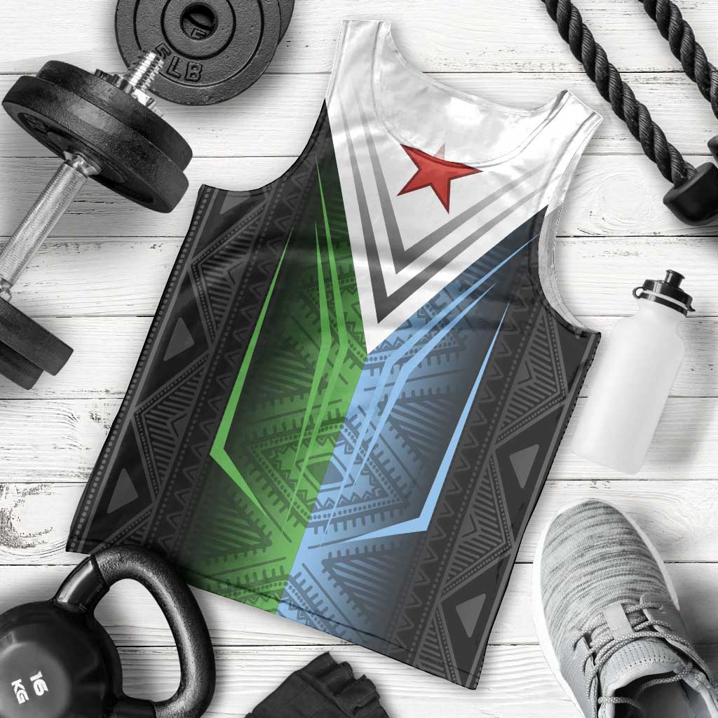 Djibouti Fusion Men Tank Top Tribal Geometry Meets National Colors and Red Star Boldness