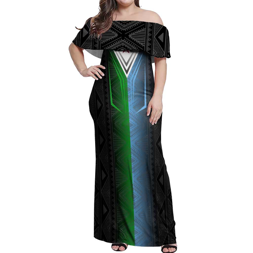 Djibouti Fusion Off Shoulder Maxi Dress Tribal Geometry Meets National Colors and Red Star Boldness