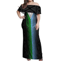 Djibouti Fusion Off Shoulder Maxi Dress Tribal Geometry Meets National Colors and Red Star Boldness