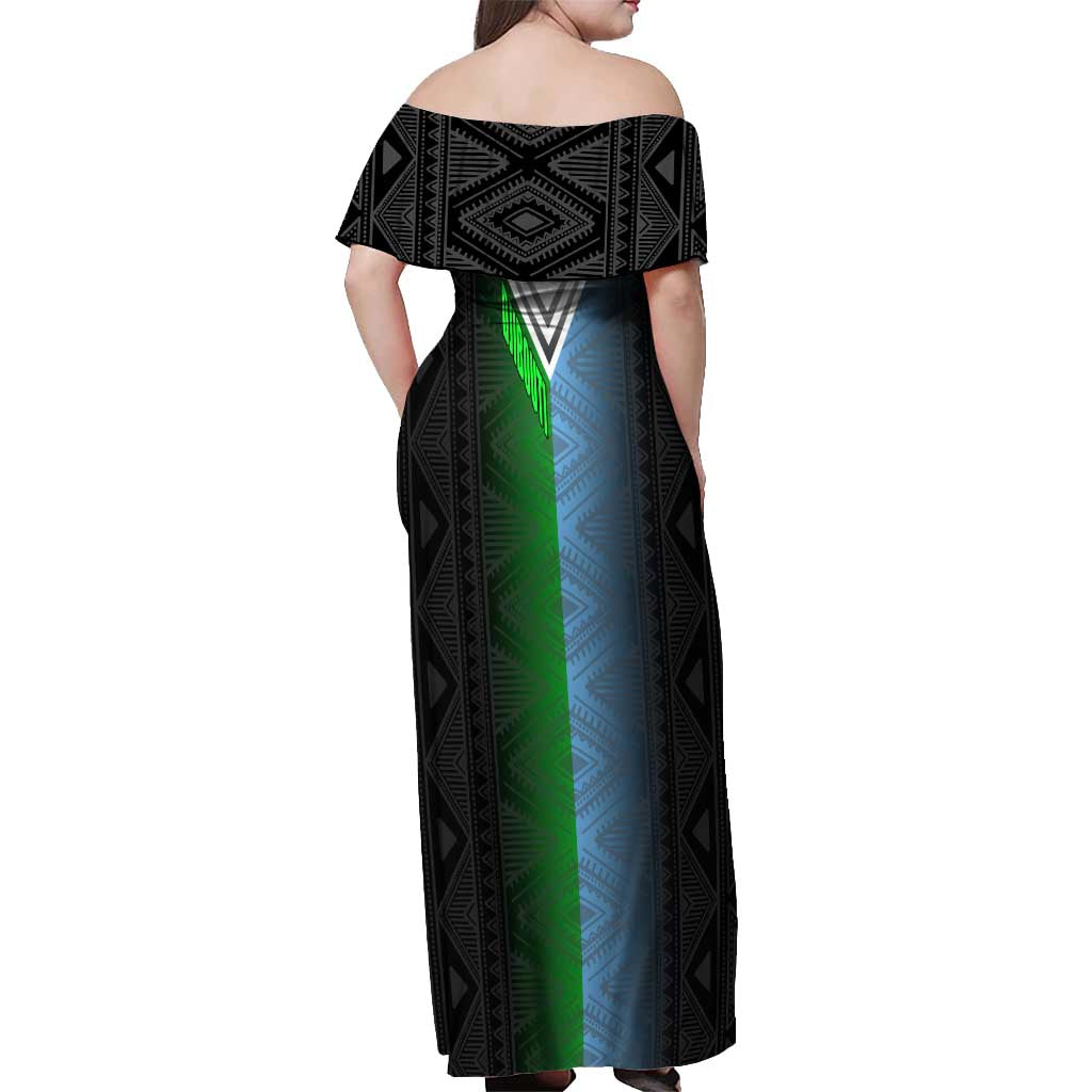 Djibouti Fusion Off Shoulder Maxi Dress Tribal Geometry Meets National Colors and Red Star Boldness