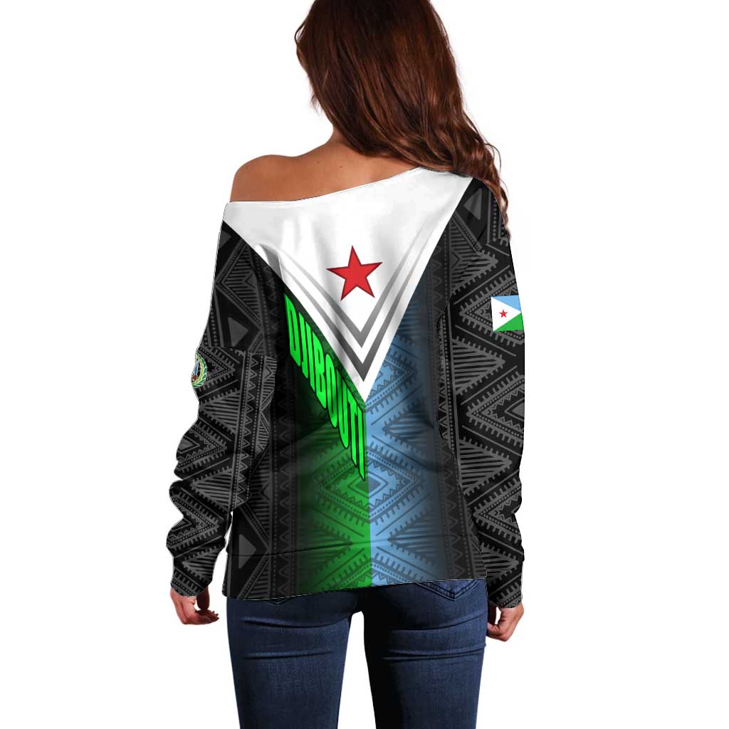 Djibouti Fusion Off Shoulder Sweater Tribal Geometry Meets National Colors and Red Star Boldness