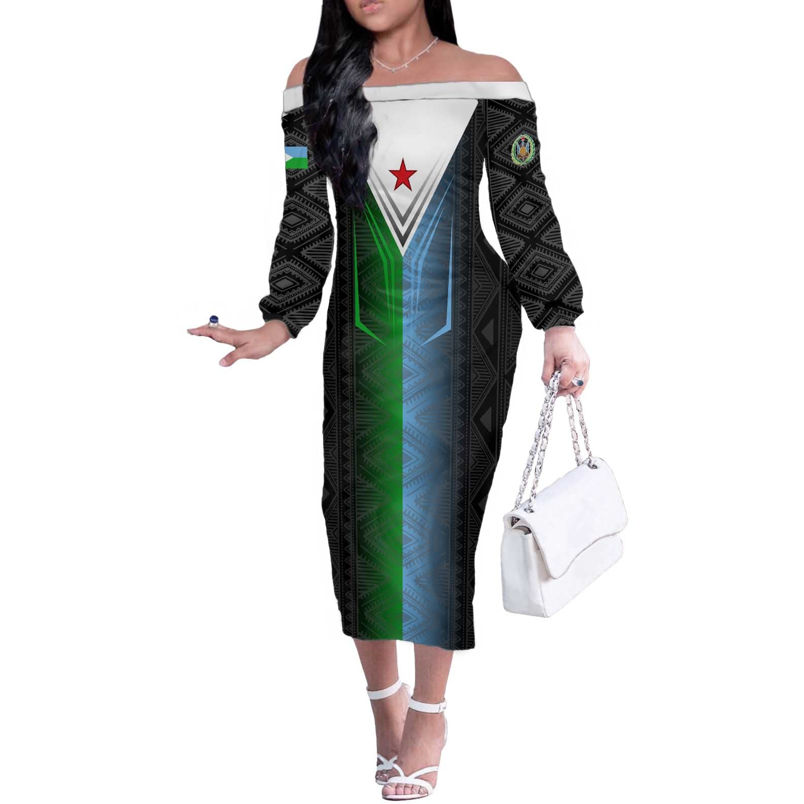 Djibouti Fusion Off The Shoulder Long Sleeve Dress Tribal Geometry Meets National Colors and Red Star Boldness