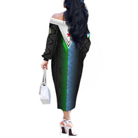 Djibouti Fusion Off The Shoulder Long Sleeve Dress Tribal Geometry Meets National Colors and Red Star Boldness