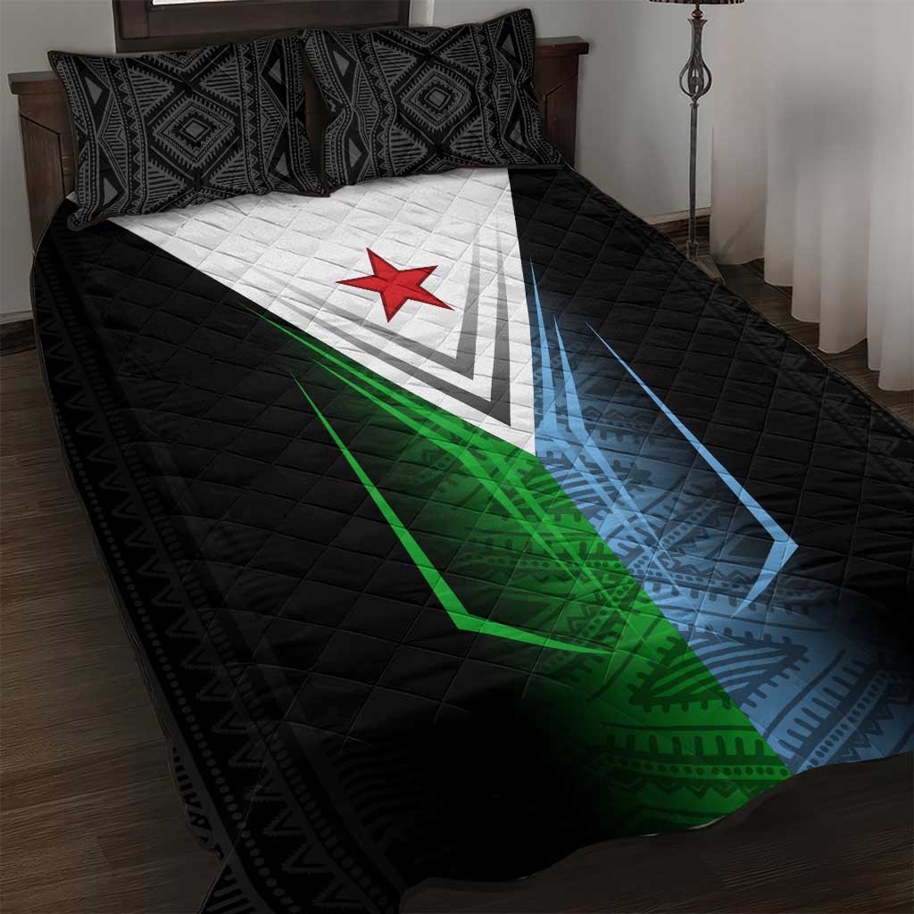 Djibouti Fusion Quilt Bed Set Tribal Geometry Meets National Colors and Red Star Boldness