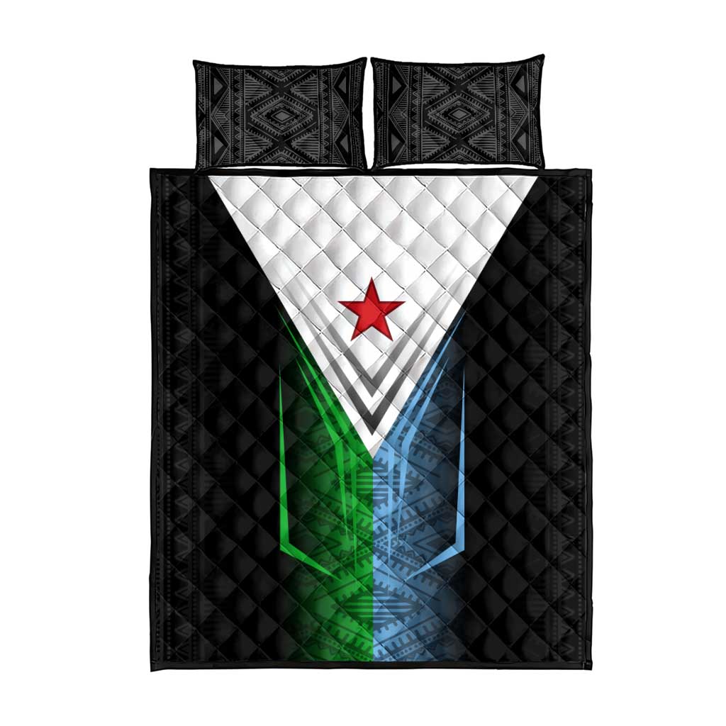 Djibouti Fusion Quilt Bed Set Tribal Geometry Meets National Colors and Red Star Boldness