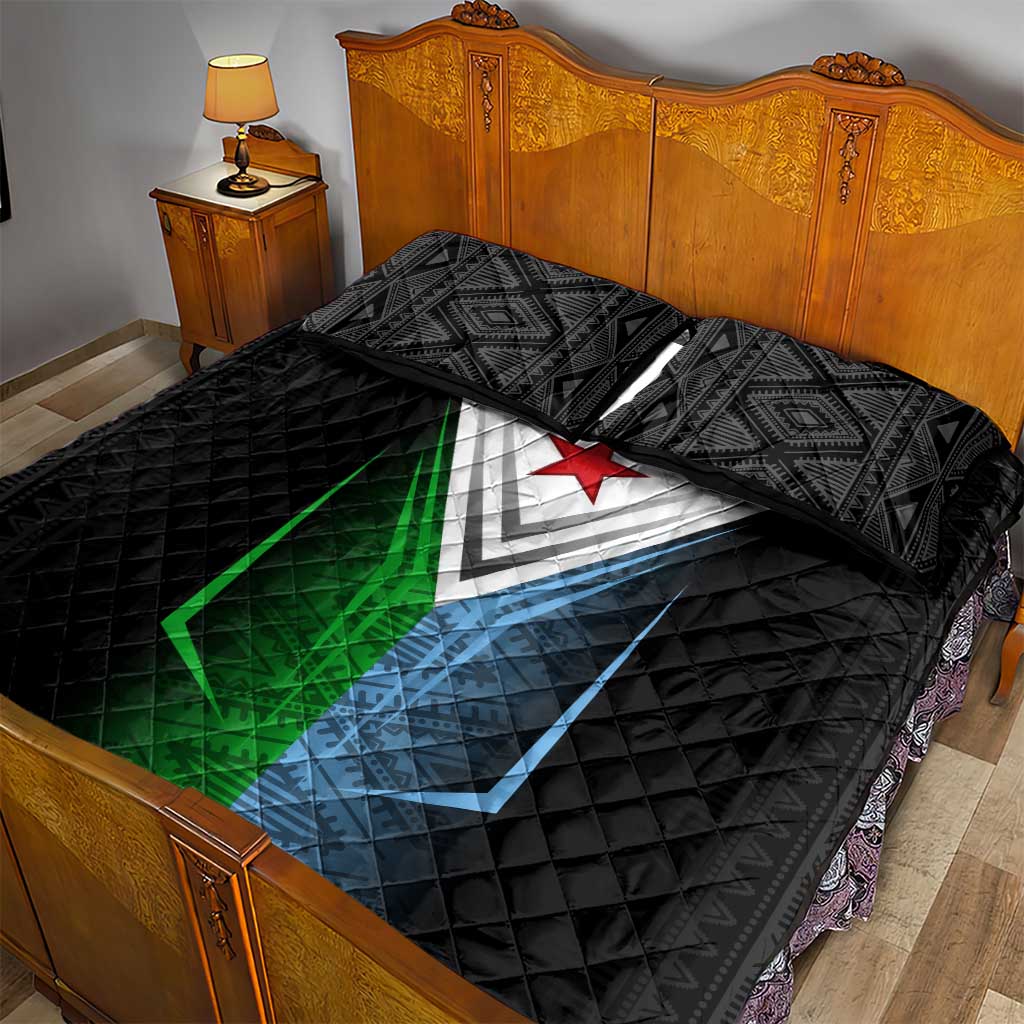 Djibouti Fusion Quilt Bed Set Tribal Geometry Meets National Colors and Red Star Boldness