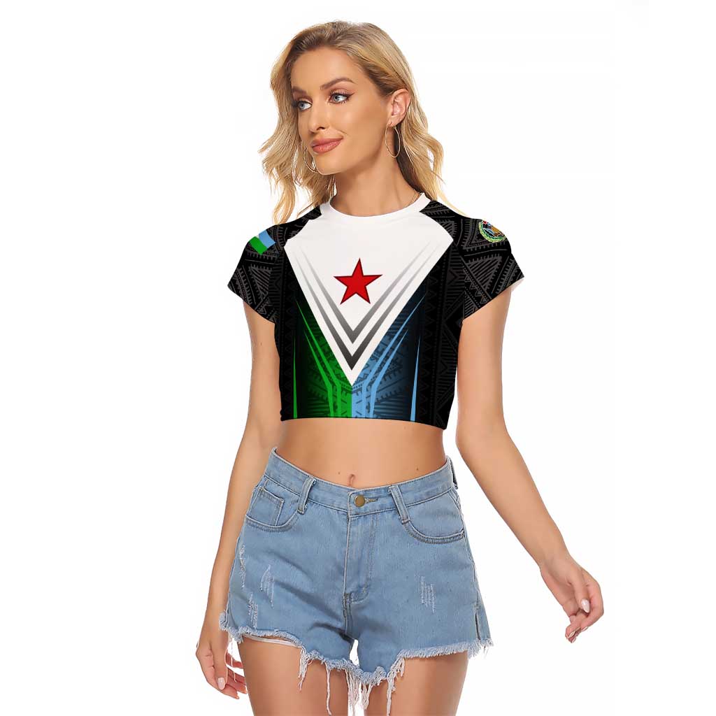 Djibouti Fusion Raglan Cropped T Shirt Tribal Geometry Meets National Colors and Red Star Boldness