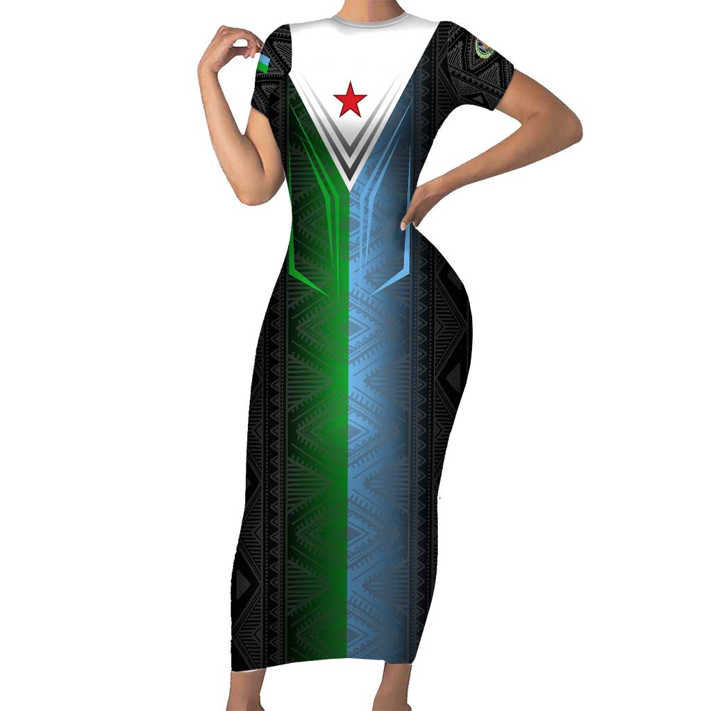 Djibouti Fusion Short Sleeve Bodycon Dress Tribal Geometry Meets National Colors and Red Star Boldness
